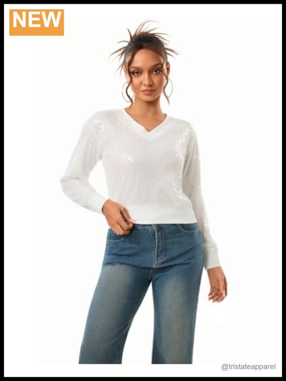 Sequin Top Women Sparkly Long Sleeve V Neck Cropped Blouse Party Concert